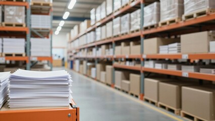 Obraz premium Stacks of paperwork on a cart in front of towering shelves filled with boxes, showcasing efficient inventory management.