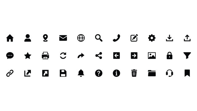 Website icon set featuring clean vector interface symbols for computer web and mobile application UI design navigation elements collection