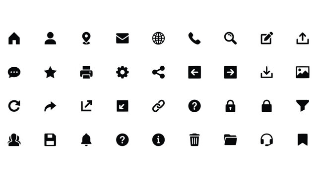 Website icon set featuring clean vector interface symbols for computer web and mobile application UI design navigation elements collection