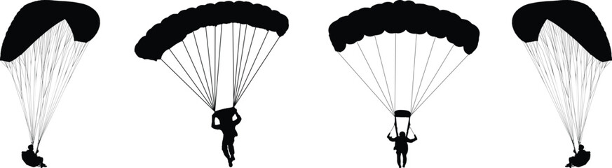 Set of four paratrooper silhouettes with parachutes against transparent background for extreme sports. © Ripon S