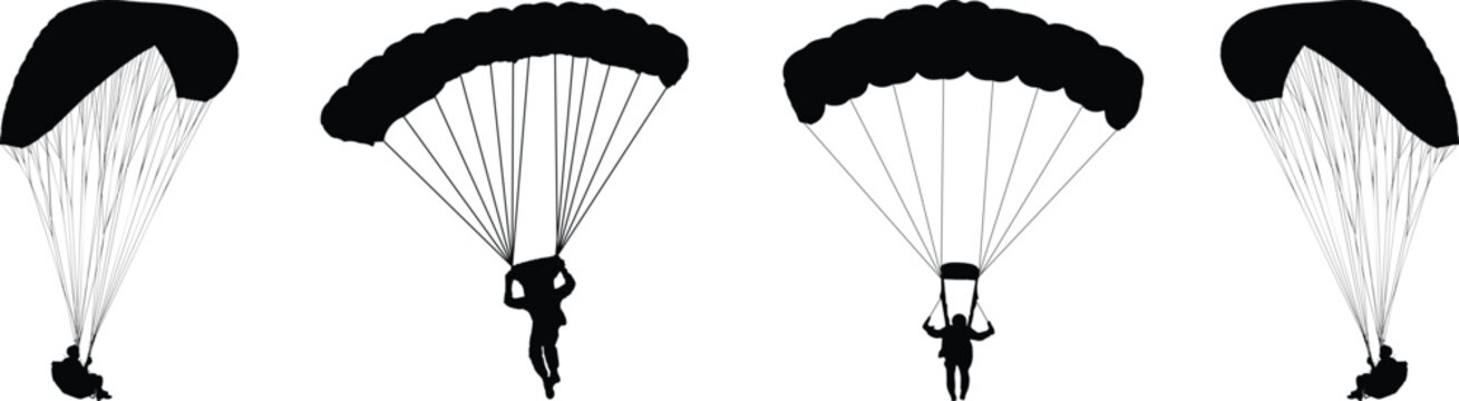 Set of four paratrooper silhouettes with parachutes against transparent background for extreme sports.