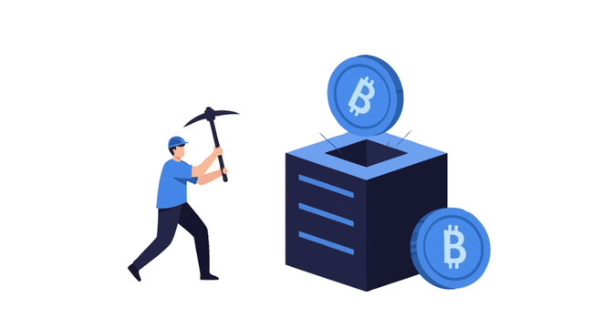Miner extracting cryptocurrency from digital blocks.