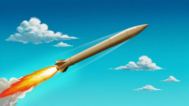 An of a rocket launching into a bright blue sky with white clouds, leaving a trail of fire and smoke behind its trajectory