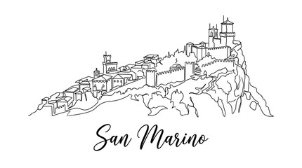 Fototapeta premium San Marino Cityscape Illustration: Outline Drawing of Fortress on White