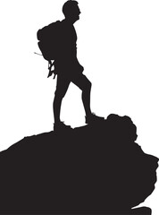 Obraz premium Silhouette of a hiker standing on a mountain peak on transparent background for outdoor adventures.