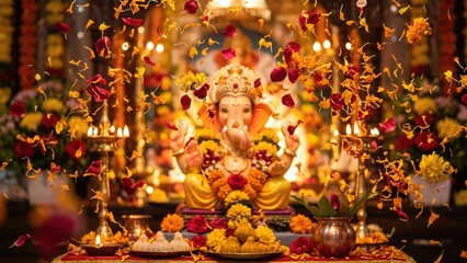 Fototapeta premium Flower Petal Shower on Lord Ganesha – Sacred Festival Blessing 