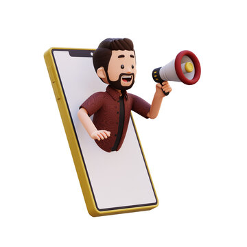 3D Cartoon Businessman Holding Blank Sign and Megaphone for Marketing Announcement