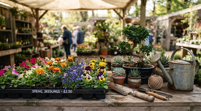 Garden center display with flowering seedlings, bonsai tree, succulents, and vintage planting tools