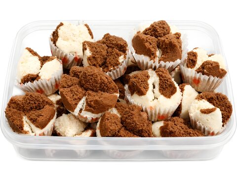 bolu kukus mekar Indonesian steamed cup cakes called served in a transparent plastic box isolated on white background