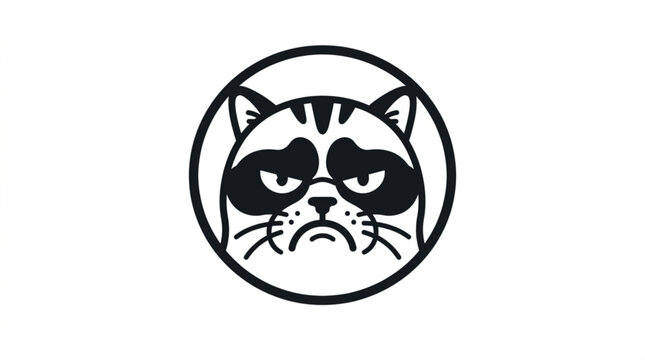 Grumpy Cat Face Icon, Black Vector Illustration, Feline Emotions, Cartoon Mascot