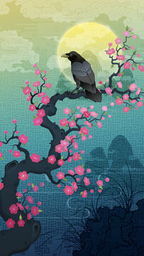 Oriental-style landscape painting illustration, traditional Korean art, image of a folding screen featuring plum blossoms