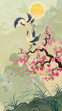 Oriental-style landscape painting illustration, traditional Korean art, image of a folding screen featuring plum blossoms, with a crane