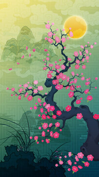Oriental-style landscape painting illustration, traditional Korean art, image of a folding screen featuring plum blossoms