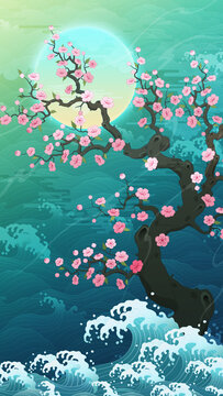 Oriental-style landscape painting illustration, traditional Korean art, image of a folding screen featuring plum blossoms