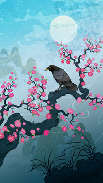 Oriental-style landscape painting illustration, traditional Korean art, image of a folding screen featuring plum blossoms