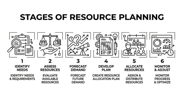 Visual guide outlining the six key stages of effective resource planning and management