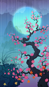 Oriental-style landscape painting illustration, traditional Korean art, image of a folding screen featuring plum blossoms
