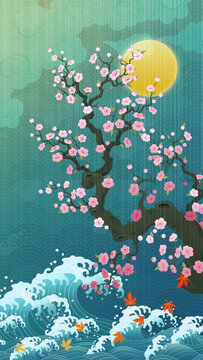 Oriental-style landscape painting illustration, traditional Korean art, image of a folding screen featuring plum blossoms