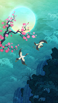 Oriental-style landscape painting illustration, traditional Korean art, image of a folding screen featuring plum blossoms, with a crane