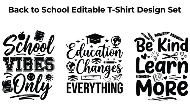 Back to school editable tshirt design set with educational quotes and icons