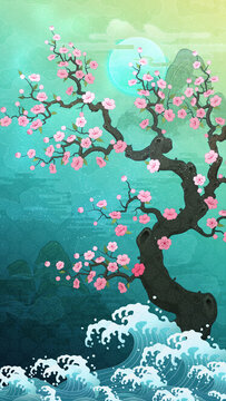 Oriental-style landscape painting illustration, traditional Korean art, image of a folding screen featuring plum blossoms