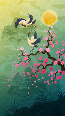 Fototapeta premium Oriental-style landscape painting illustration, traditional Korean art, image of a folding screen featuring plum blossoms, with a crane