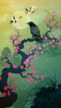 Oriental-style landscape painting illustration, traditional Korean art, image of a folding screen featuring plum blossoms