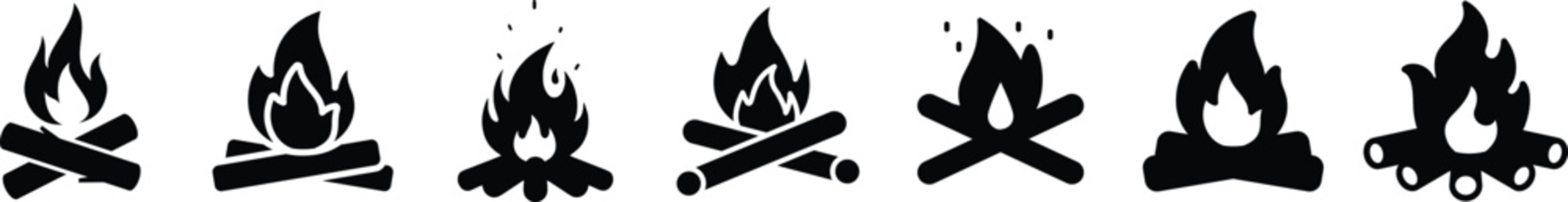 Collection of campfire icons with burning wood logs isolated on transparent background.