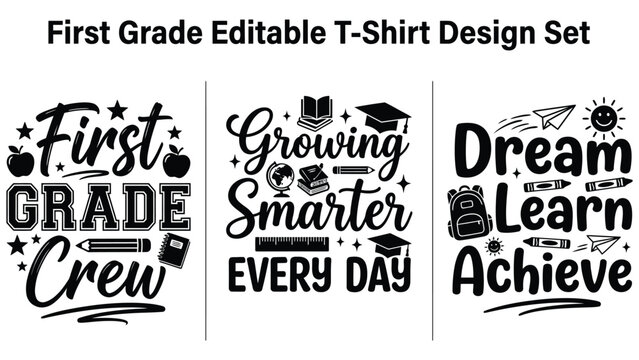Editable t shirt design set for first grade students school supplies