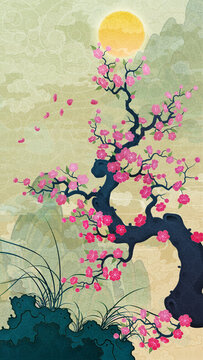 Oriental-style landscape painting illustration, traditional Korean art, image of a folding screen featuring plum blossoms