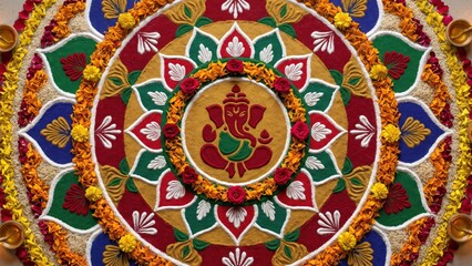 Obraz premium Ganesha Rangoli Mandala – Traditional Festival Flat Lay Design 