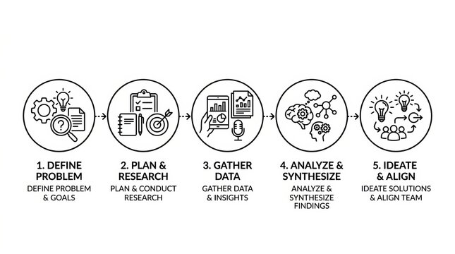 Five-step process for innovation and problem-solving, from defining the problem to ideating solutions.