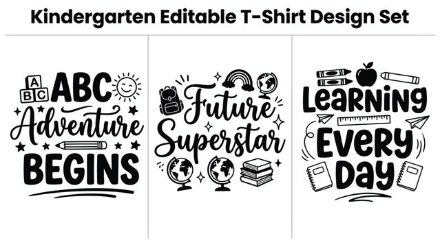 Kindergarten editable tshirt design set with educational phrases and school supplies