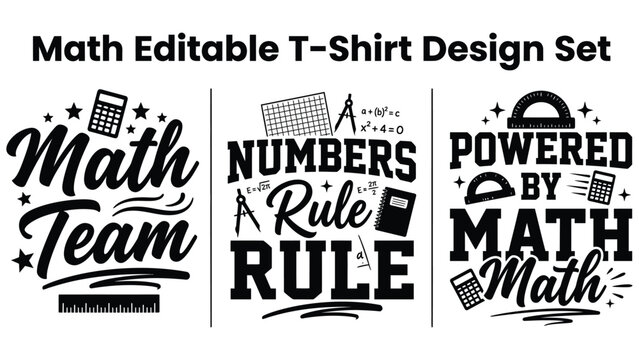 Math editable t shirt design set with calculator and ruler graphics