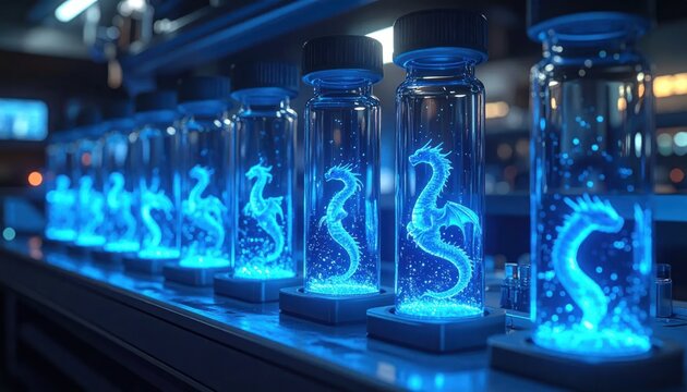 Row of glowing blue dragon figures encased in vials, inside a laboratory setting