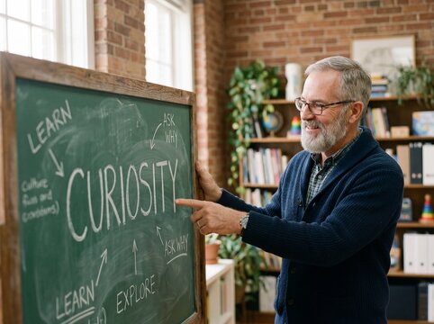 Senior man with grey beard and glasses pointing at the word curiosity on a green chalkboard in a bright learning studio