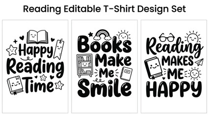 Set of reading editable t shirt design with books and smiling sun  reading makes me happy © AbdullahAl