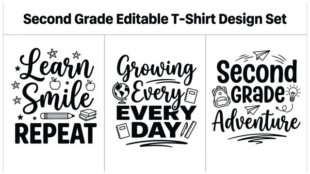 Second grade editable t shirt design set with motivational quotes and school icons
