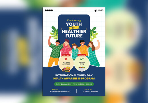 Editable International Youth Day Health Awareness Program Flyer Template with Happy Young Friends Group and Healthy Diet Choice Illustration.