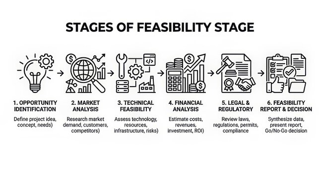 Illustrated stages of project feasibility assessment process from idea to success.