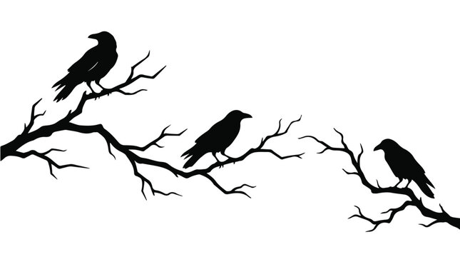 Three black birds perched on bare tree branches in silhouette against white background, nature scene with ravens or crows
