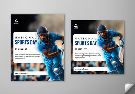 Editable National Sports Day Social Media Post Template Set with Indian Male Cricket Batter Player in Action Pose Photo.