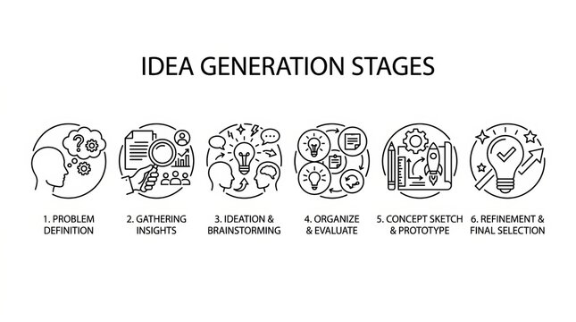 Illustrated stages of creative idea generation process from concept to implementation.