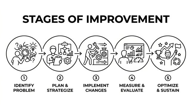 Illustrated Stages of Continuous Improvement Process in Business Workflow.
