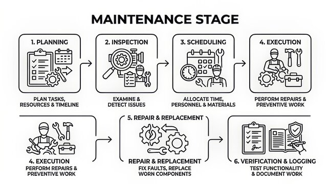 Illustrated Stages of Industrial Equipment Maintenance Process Flowchart.
