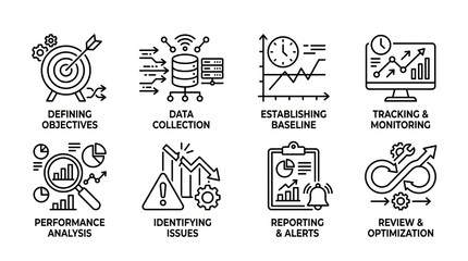 Fototapeta premium Collection of flat design icons representing various business and technology concepts.