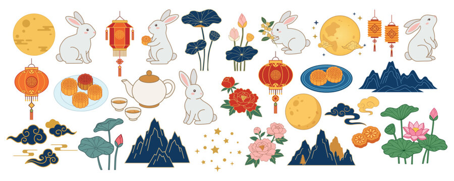 Mid Autumn Festival illustration set with white rabbits lotus flowers, full moon, traditional lanterns, mooncakes Asian clouds mountains, teapot and decorative ornaments on white background.