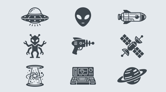 Space Travel Icons: UFO, Alien, Rocket, Ray Gun, Satellite, Planet