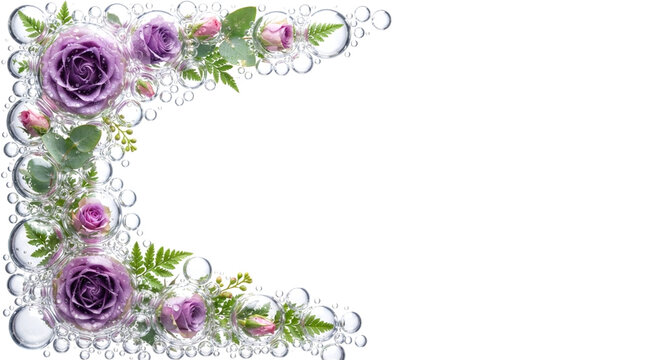 Corner frame of purple roses and soap bubbles with background, botanical