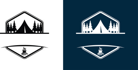 Camping tent and bonfire in hexagonal badge frame for outdoor adventure logo. © Ripon S